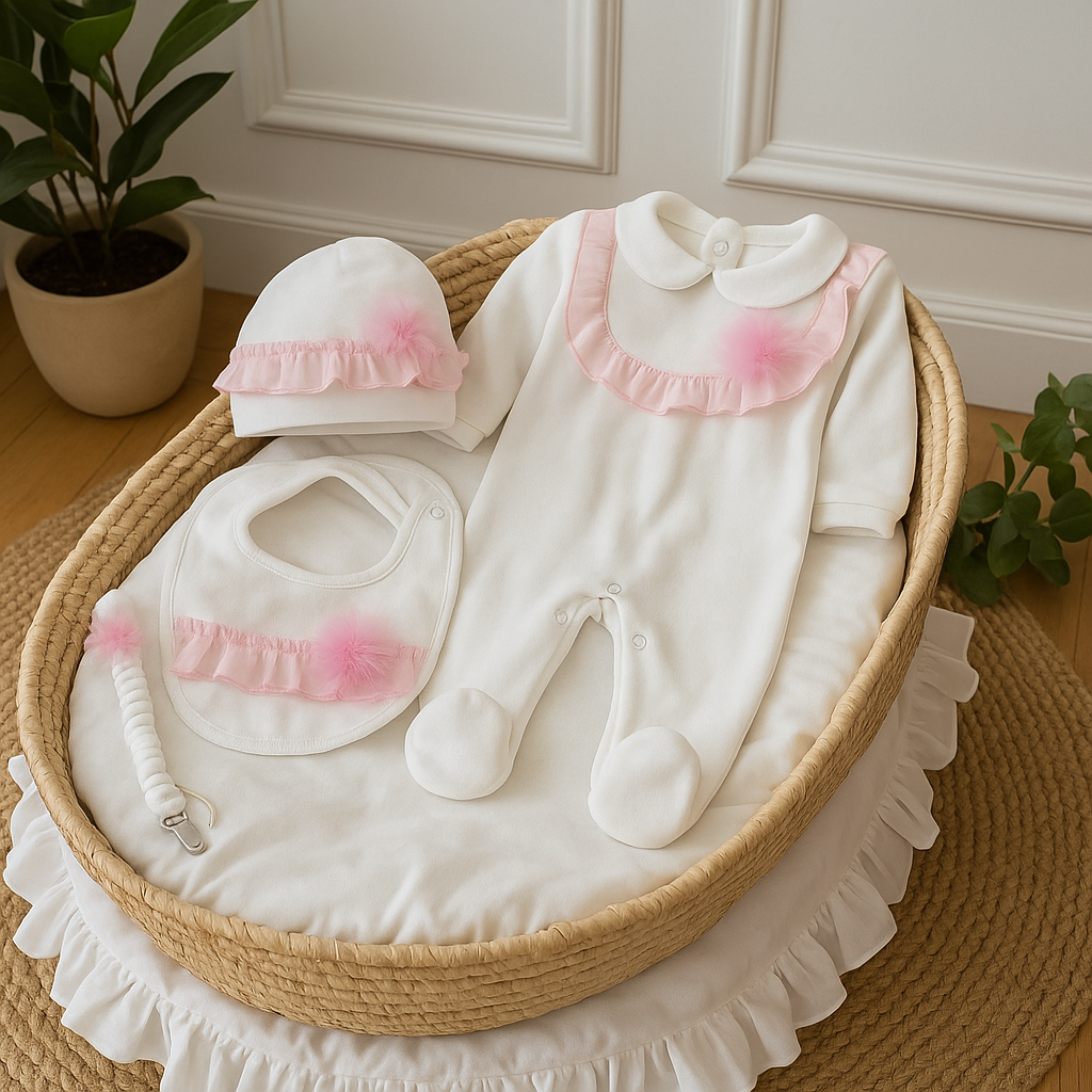 Copertina Panna con dettagli rosa in ciniglia