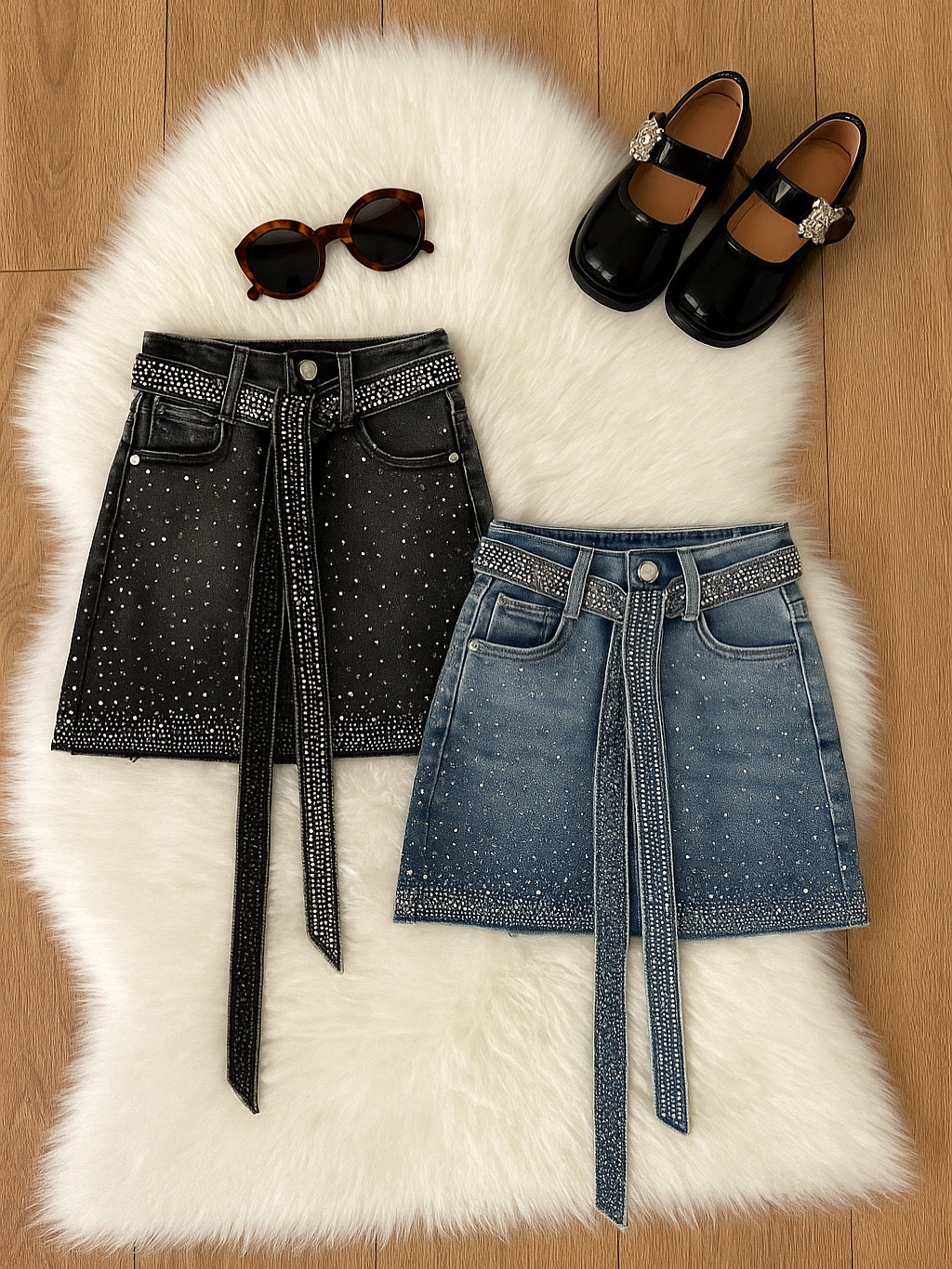 Gonna Jeans Diamonds con cinturino