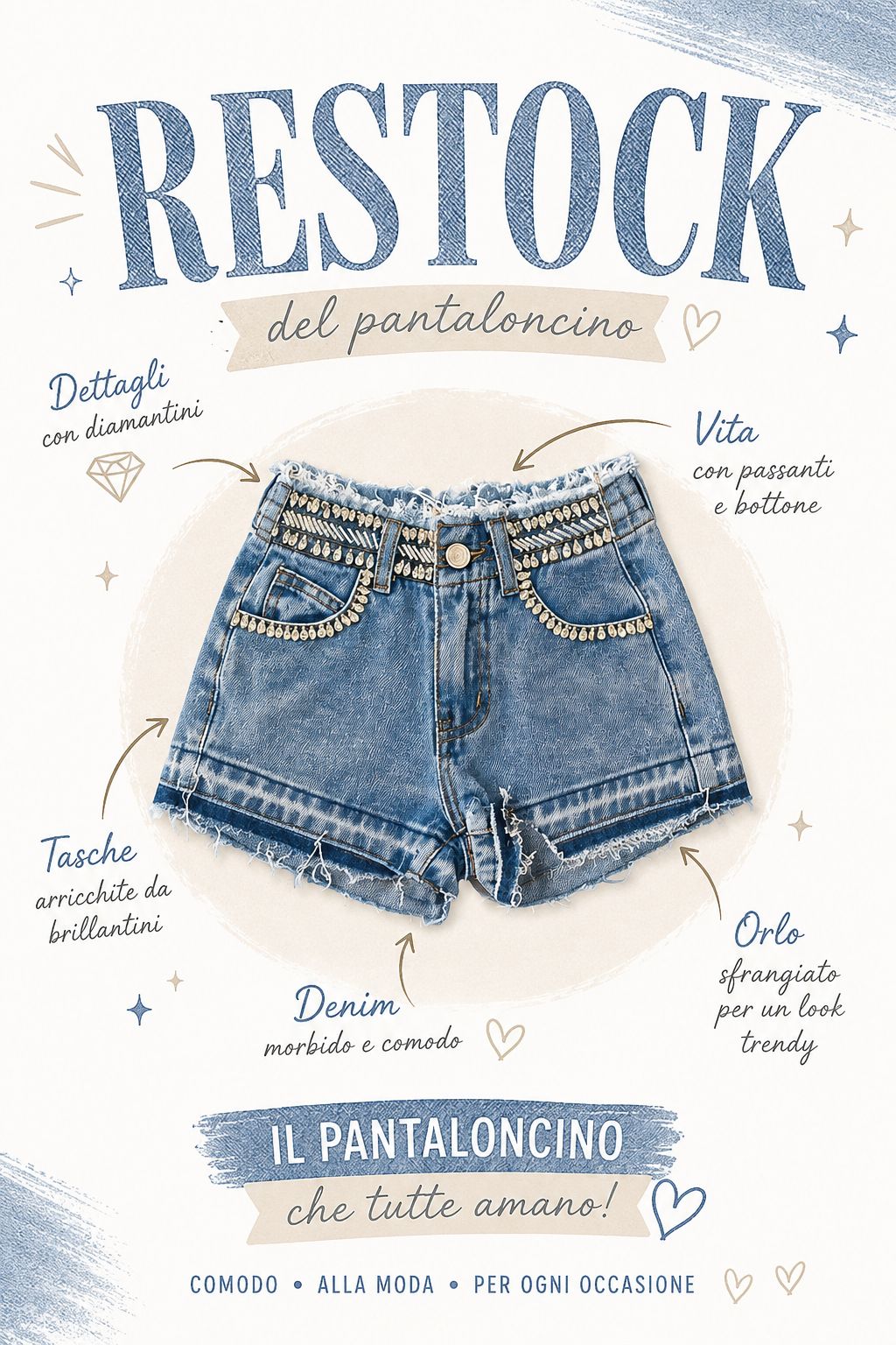 Shorts in denim con strass gioiello