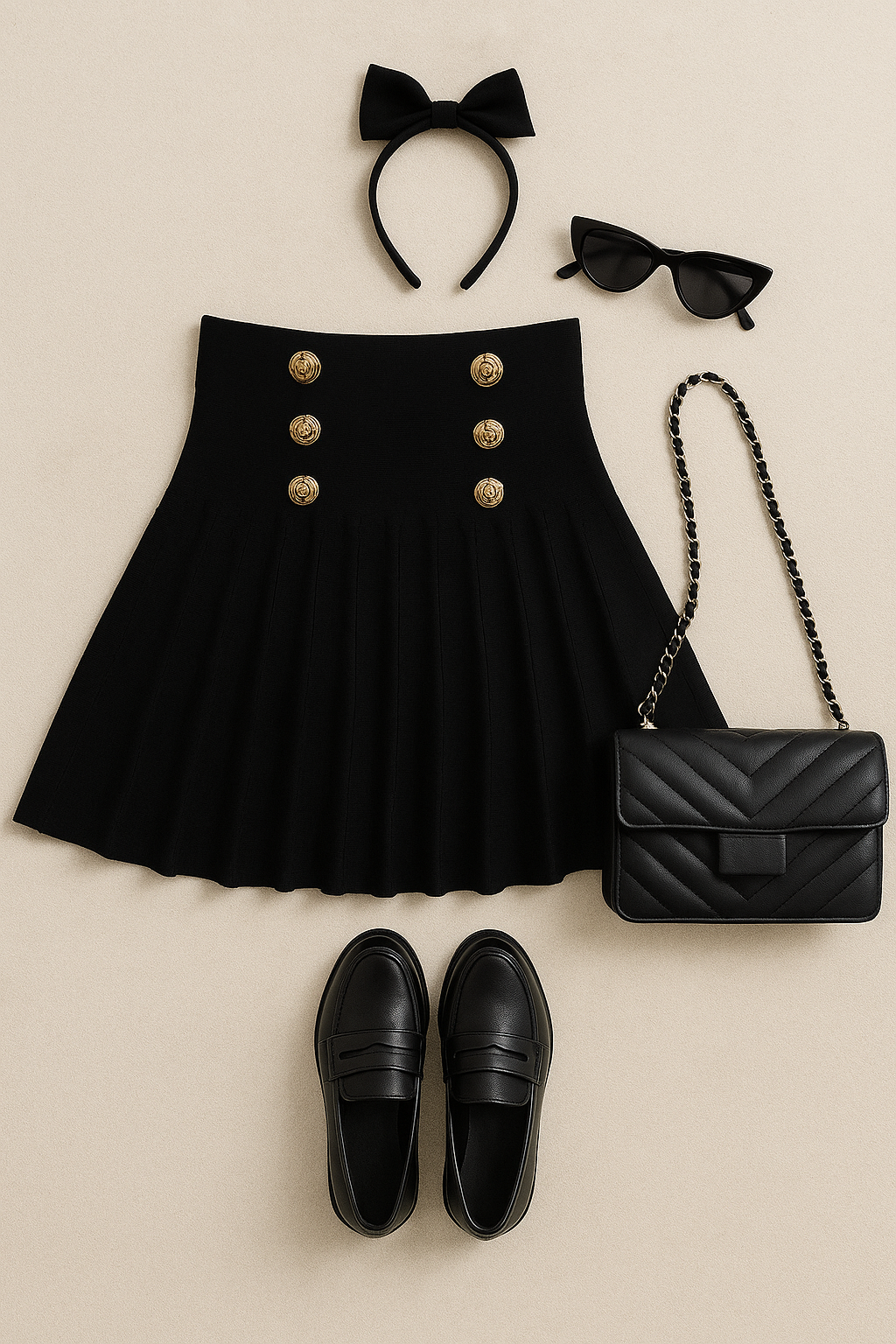 Gonna nera plissettata a vita alta con bottoni gioiello GOLDEN NIGHT