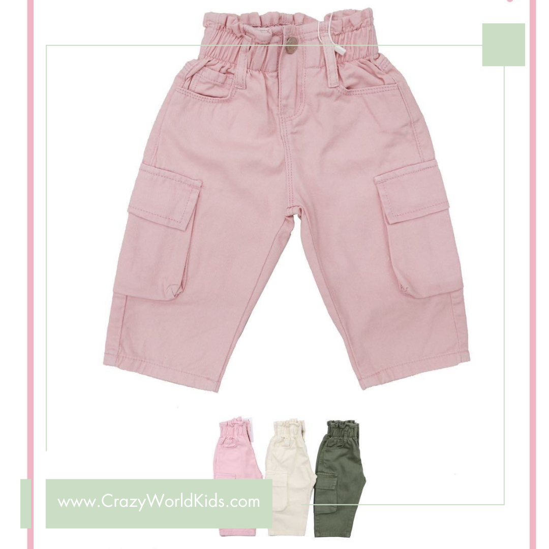 Pantaloni cargo disponibili in rosa e verde militare dalla 12 alla 36 mesi