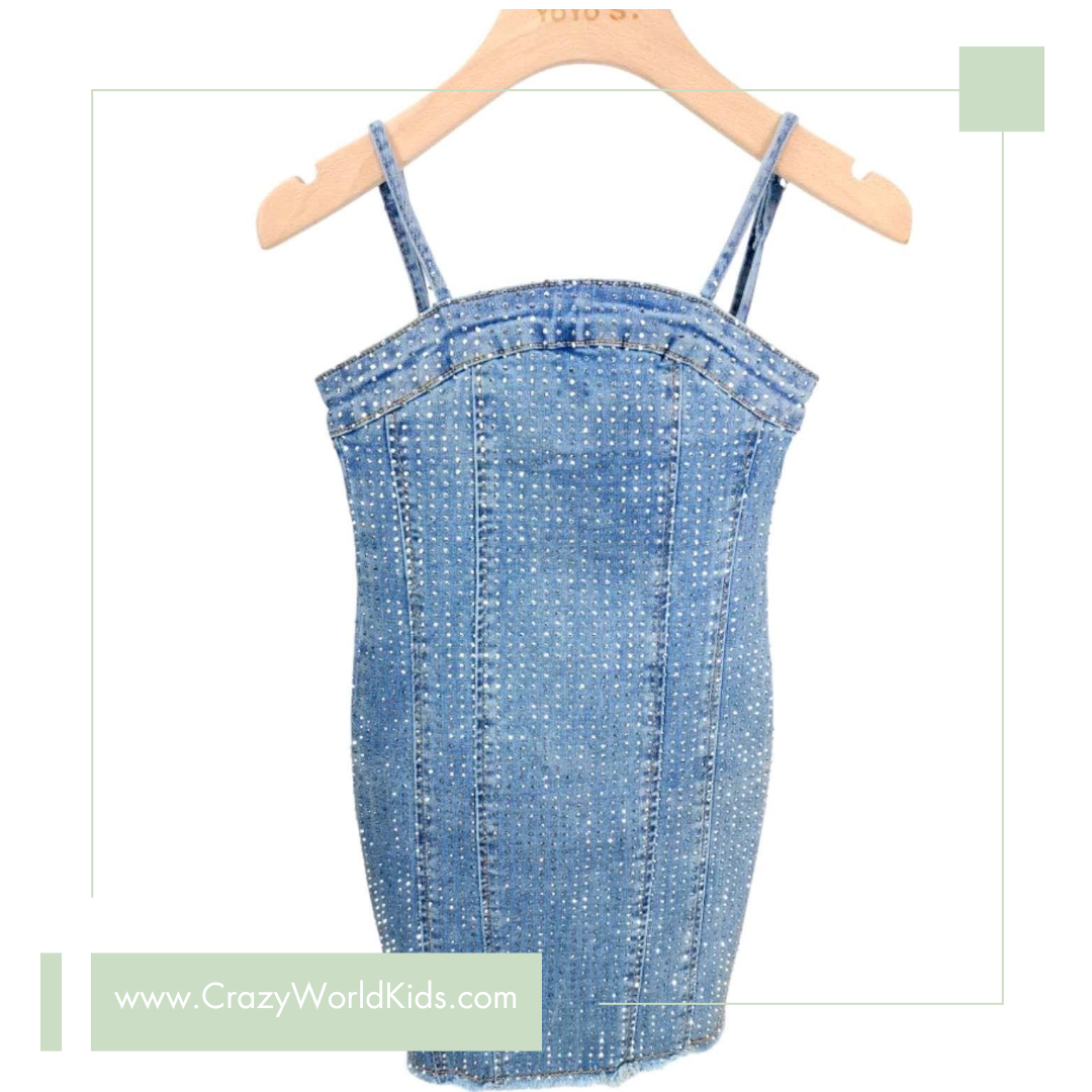 Tubino in jeans elasticizzato con brillantini disponibile dalla 4 alla 14 anni