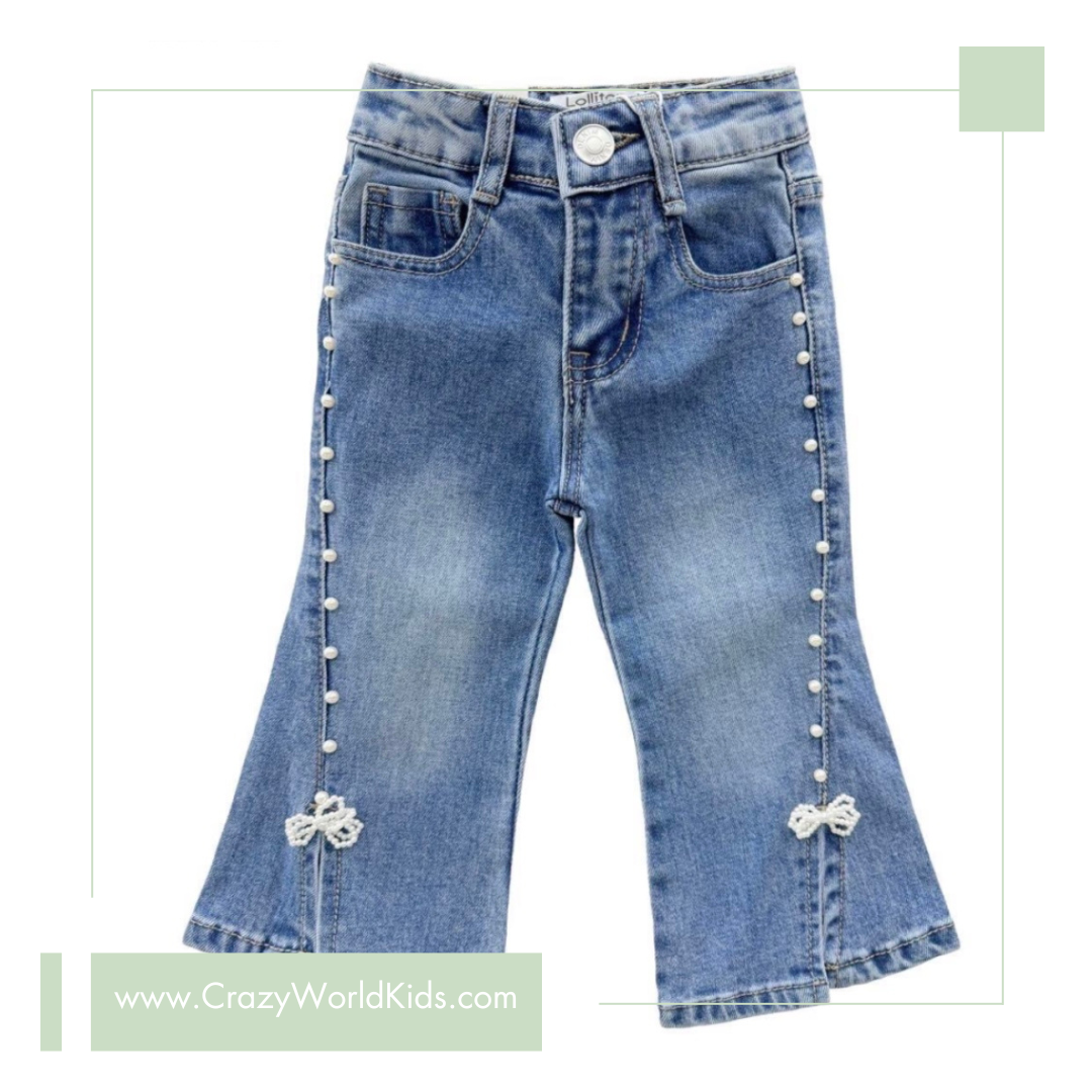 Jeans a zampa con decorazioni in perline disponibili dalla 12 alla 36 mesi