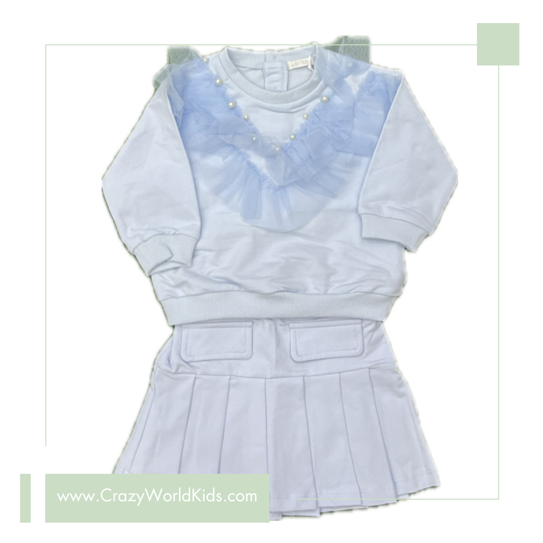 Completo due pezzi con gonna disponibile rosa o azzurro dalla 12 alla 36 mesi
