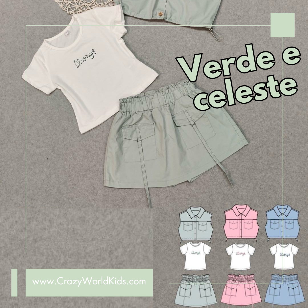 Completo 3 pezzi disponibile dalla 4 alla 14 in verde salvia e celeste