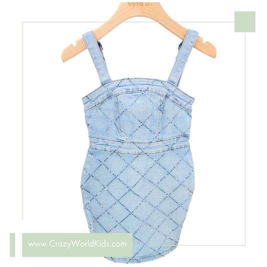 Tubino con brillantini in denim elasticizzato disponibile dalla 4 alla 14 anni