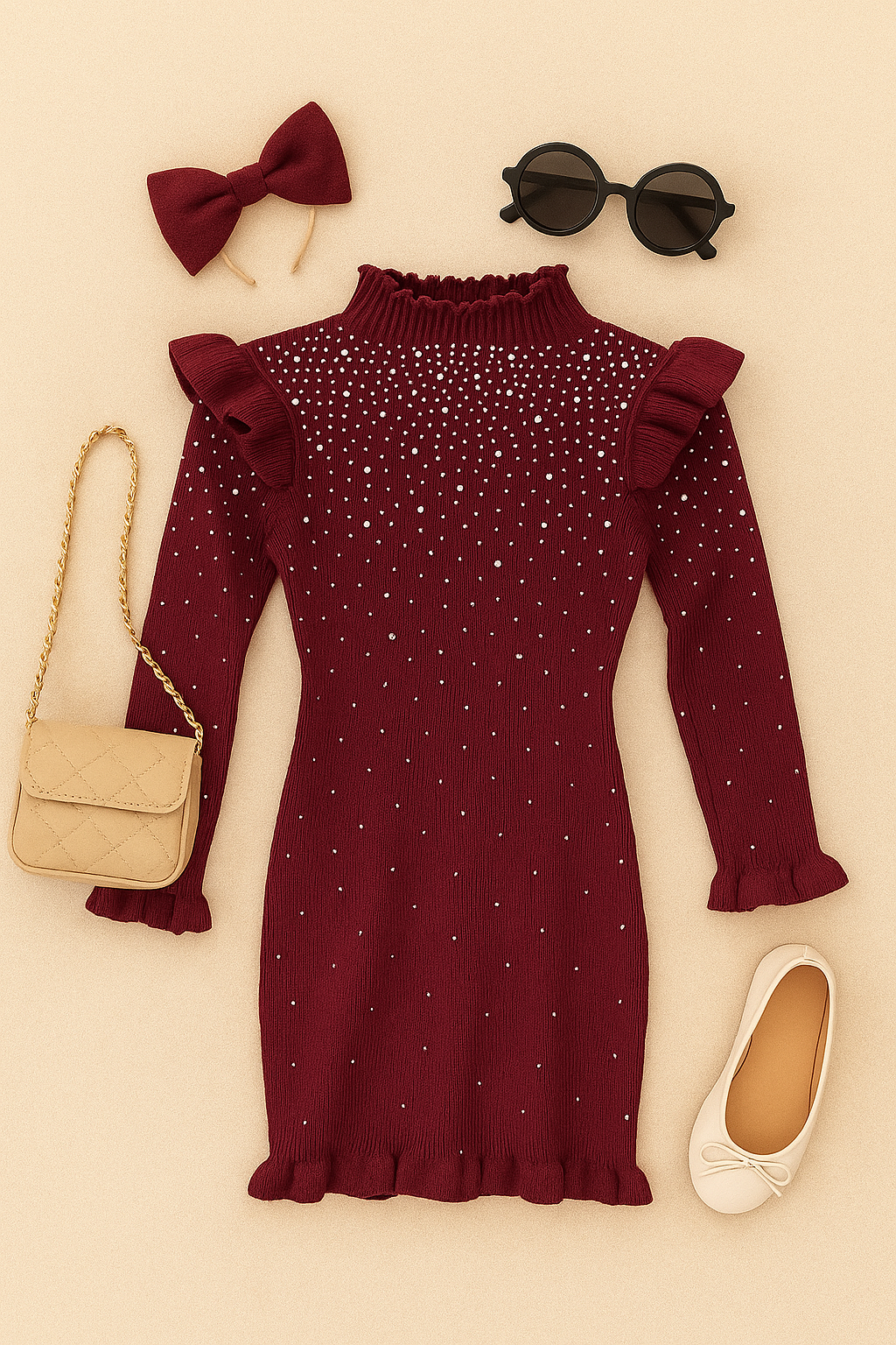 Vestito Velvet Star disponibile in bordeaux e beige