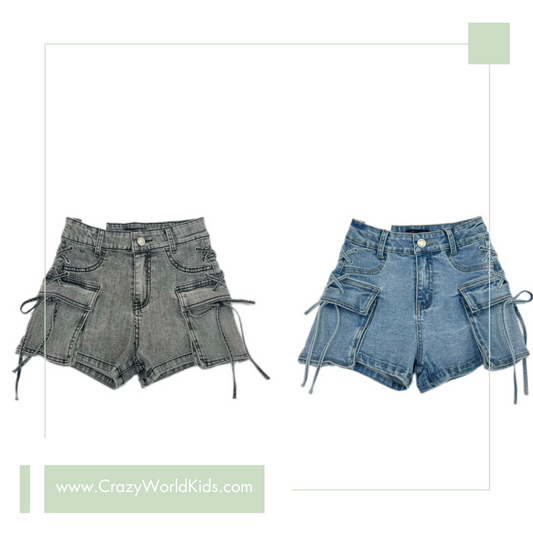 Shorts cargo disponibili in denim grigio e blu dalla 4 alla 14 anni