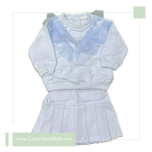 Completo due pezzi con gonna disponibile rosa o azzurro dalla 12 alla 36 mesi