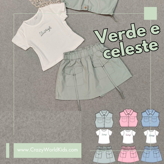 Completo 3 pezzi disponibile dalla 4 alla 14 in verde salvia e celeste