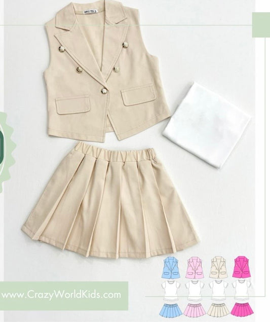 Completo tre pezzi disponibile in beige ,fucsia e  celeste dalla 4 alla 12 anni