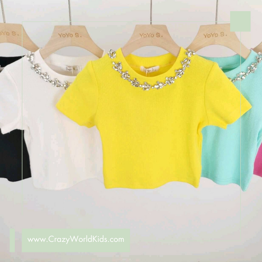 T-shirt con pietre decorative disponibile in bianco dalla 4 alla 14 anni