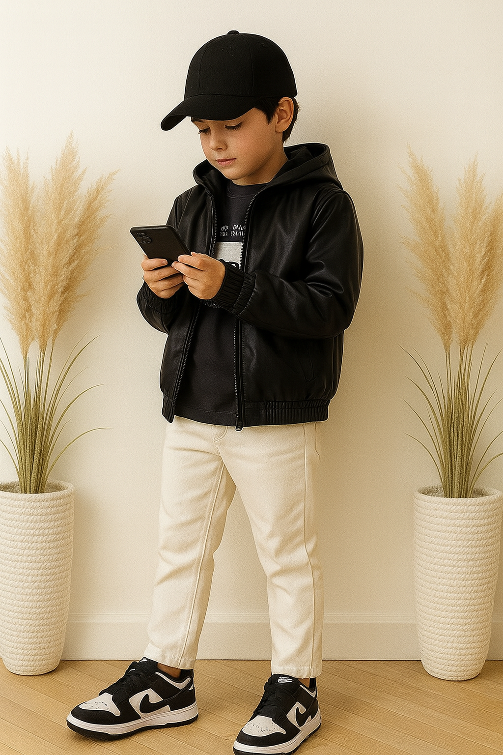 Felpa nera con cappuccio in ecopelle