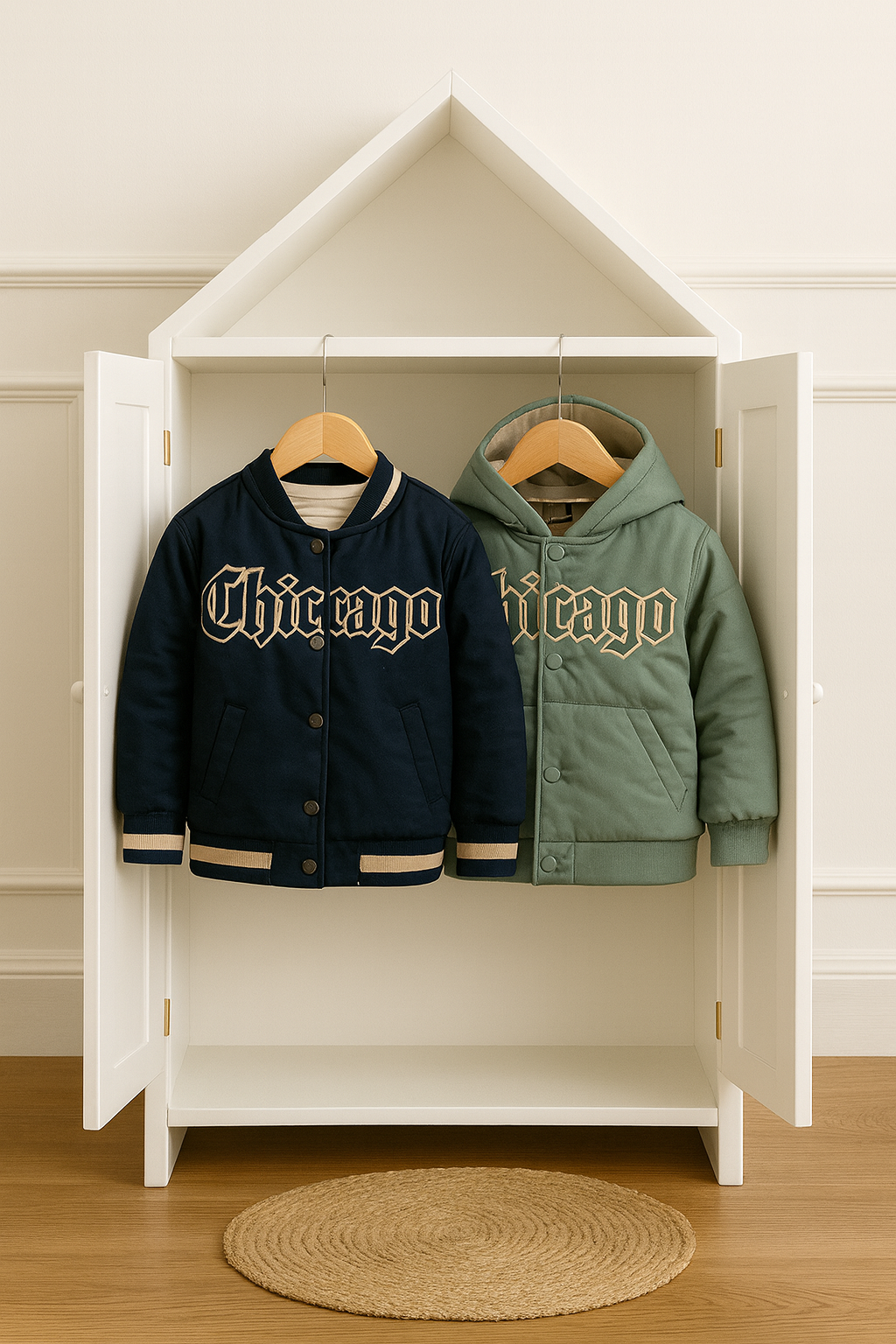 Giubbotto Chicago Vibes neonato disponibile in verde salvia e blu scuro