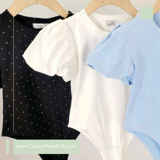 Body con brillantini e maniche a sbuffo disponibile in bianco dalla 4 alla 14 anni
