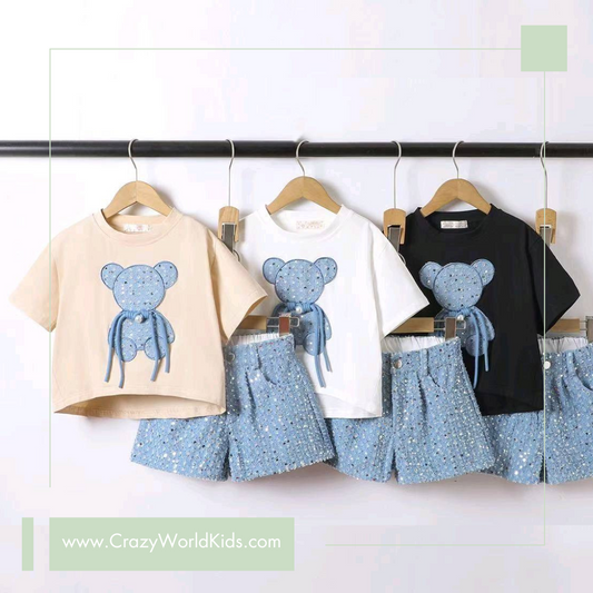 Completo t-shirt e shorts Teddy disponibile in bianco dalla 4 alla 14 anni