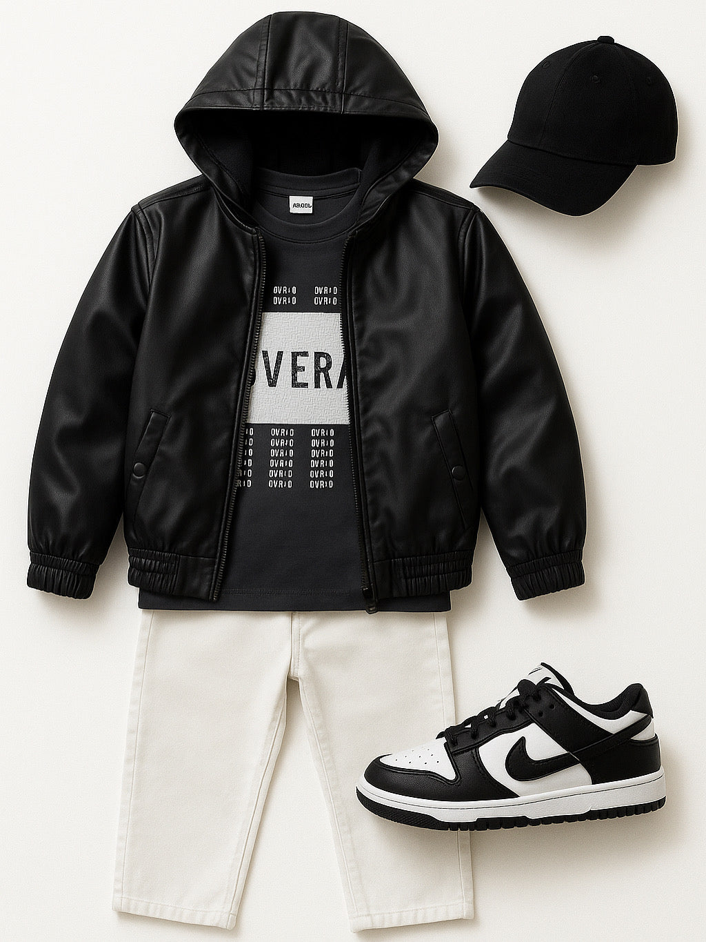 Felpa nera con cappuccio in ecopelle