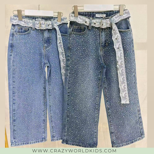 Jeans brillantinato con cintura disponibile in lavaggio chiaro dalla 4 alla 14 anni